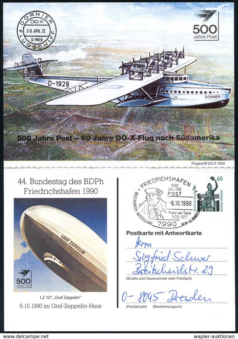 LUFTFAHRT-PIONIERE / PIONIER-FLÜGE : 7990 FRIEDRICHSHAFEN 1/ 500 JAHRE/ POST/ Franz V.Taxis.. 1990 (6.10.) SSt = Brustbi - Other (Air)