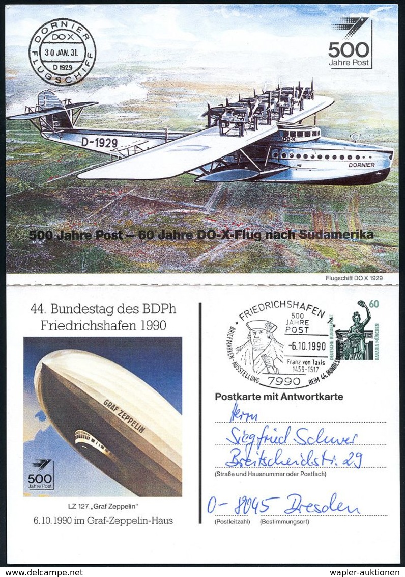 LUFTFAHRT-PIONIERE / PIONIER-FLÜGE : 7990 FRIEDRICHSHAFEN 1/ 500 JAHRE/ POST/ Franz V.Taxis.. 1990 (6.10.) SSt = Brustbi - Autres (Air)