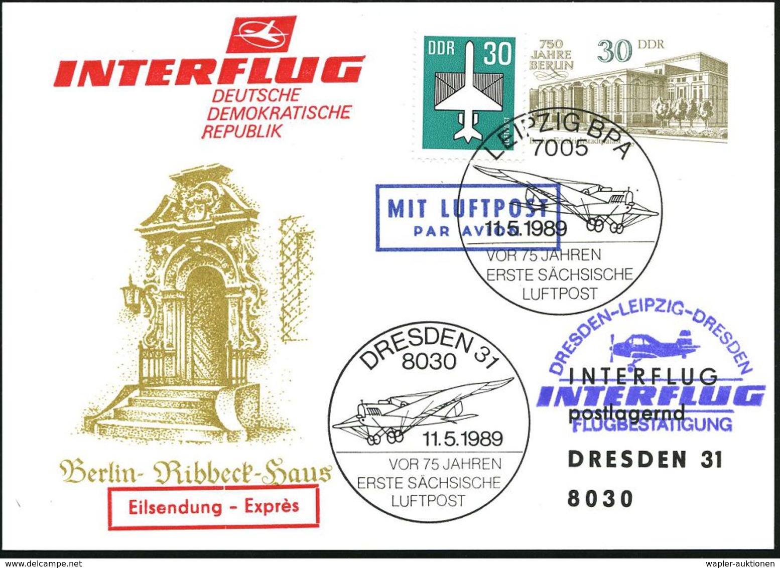 LUFTFAHRT-PIONIERE / PIONIER-FLÜGE : 7005 LEIPZIG BPA/ VOR 75 JAHREN/ ERSTE SÄCHS./ LUFTPOST 1989 (11.5.) SSt = Pionier- - Sonstige (Luft)