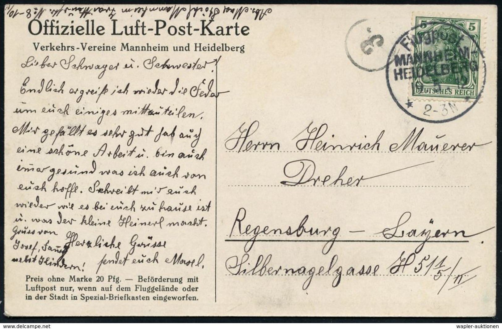 LUFTFAHRT-PIONIERE / PIONIER-FLÜGE : MANNHEIM-/ HEIDELBERG/ Flugpost/ ** 1912 (19.5.) SSt Auf Offiz. Flugpost-Sonder-Kt. - Sonstige (Luft)