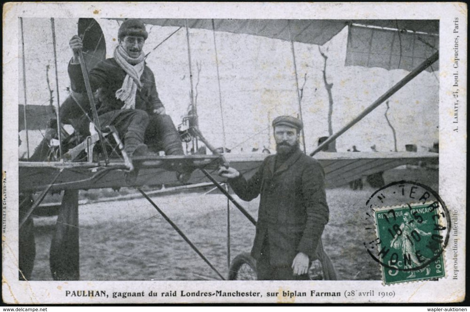 LUFTFAHRT-PIONIERE / PIONIER-FLÜGE : FRANKREICH 1910 (18.5.) S/w.-Foto-Ak.: PAULHAN, Gagnant Du Raid Londres - Mancheste - Autres (Air)