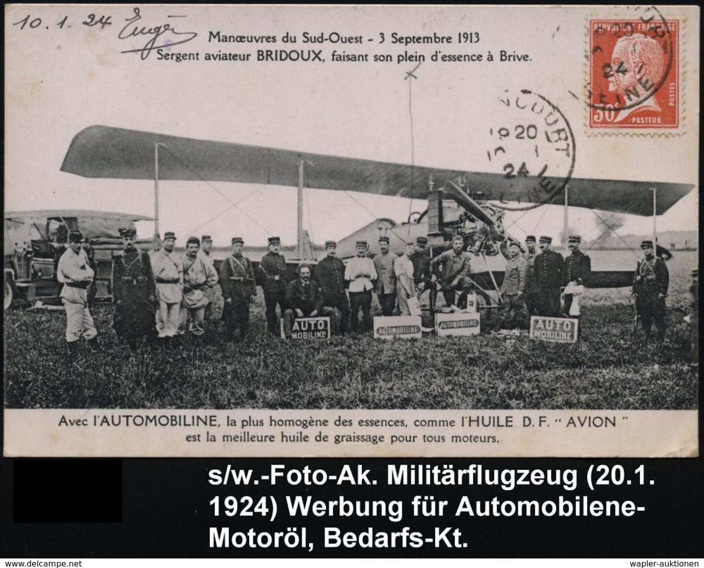 LUFTFAHRT-PIONIERE / PIONIER-FLÜGE : FRANKREICH 1924 (10.1.) S/w.-Foto-Ak.: (Luft)-Manöver 3. Sept. 1913 Mit Militär-Pil - Other (Air)