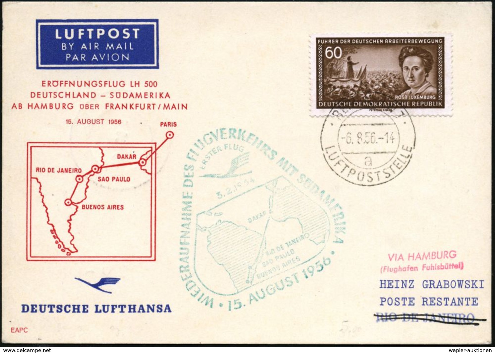 DEUTSCHE LUFTHANSA (DLH): ERSTFLÜGE / SONDERFLÜGE / REGULÄRE FLUGPOST : BERLIN NW 7/ A/ LUFTPOSTSTELLE 1956 (6.8.) 2K Au - Autres (Air)