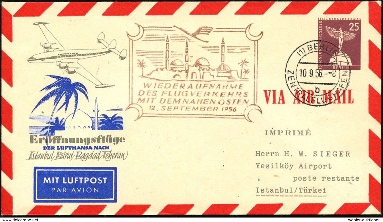 DEUTSCHE LUFTHANSA (DLH): ERSTFLÜGE / SONDERFLÜGE / REGULÄRE FLUGPOST : (1) BERLIN/ B/ ZENTRALFLUGHAFEN 1956 (10.9.) 2K- - Autres (Air)