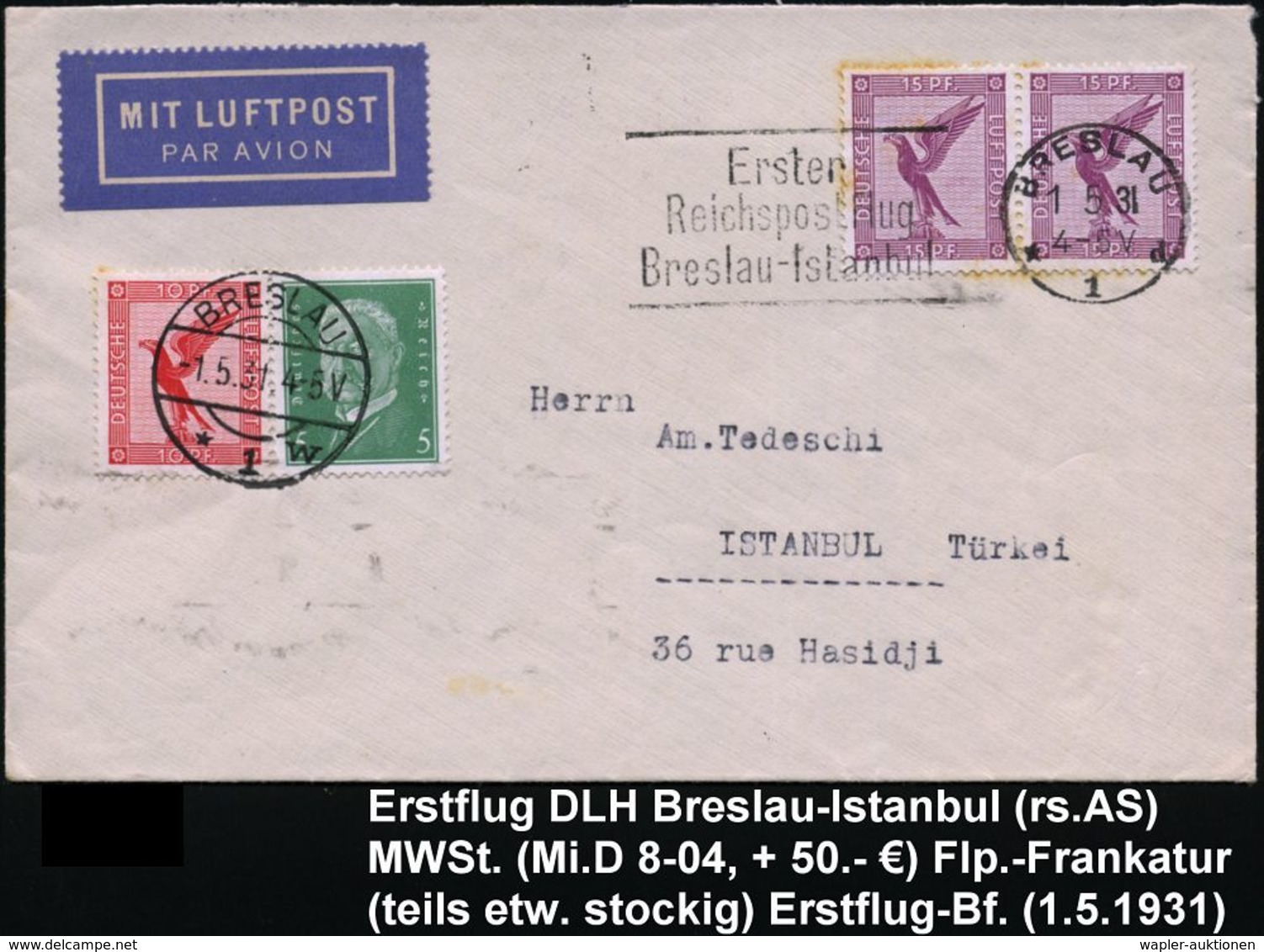 DEUTSCHE LUFTHANSA (DLH): ERSTFLÜGE / SONDERFLÜGE / REGULÄRE FLUGPOST : BRESLAU/ *1d/ Erster/ Reichspostflug/ Breslau -  - Sonstige (Luft)