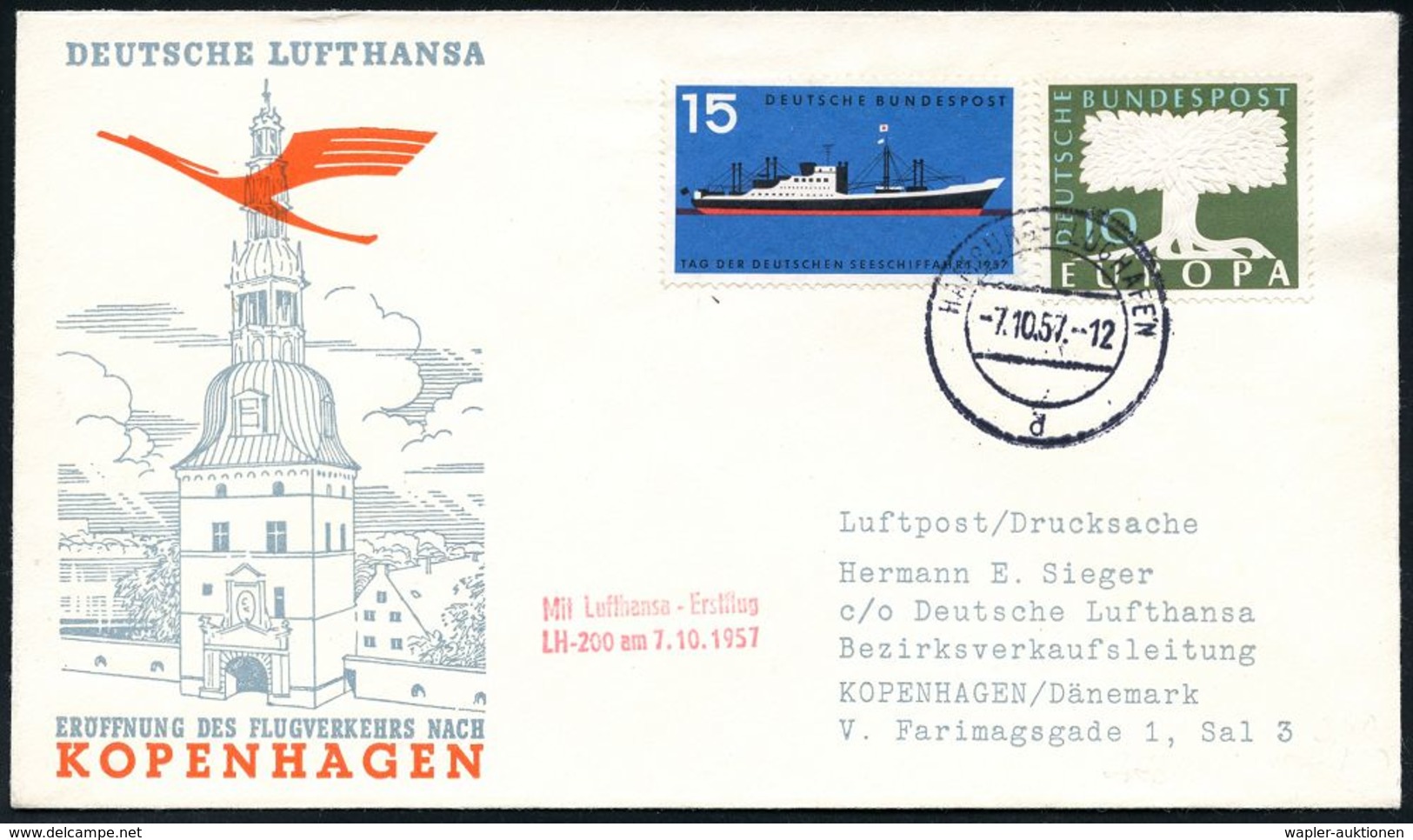 DEUTSCHE LUFTHANSA (DLH): ERSTFLÜGE / SONDERFLÜGE / REGULÄRE FLUGPOST : HAMBURG-FLUGHAFEN/ D 1957 (7.10.) 2K-Steg + Rote - Sonstige (Luft)