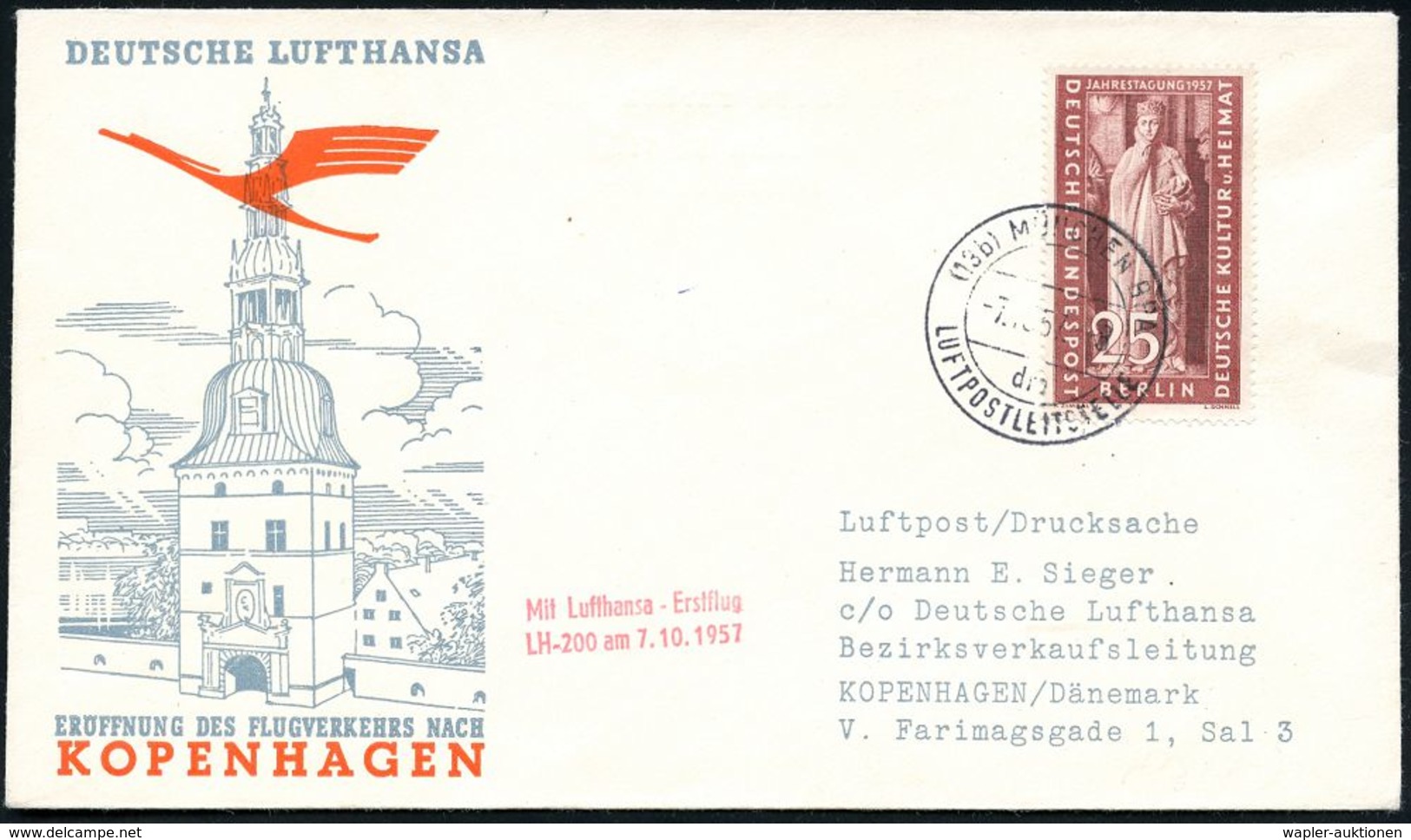 DEUTSCHE LUFTHANSA (DLH): ERSTFLÜGE / SONDERFLÜGE / REGULÄRE FLUGPOST : (13b) MÜNCHEN BPA/ Dm/ LUFTPOSTLEITSTELLE 1957 ( - Sonstige (Luft)