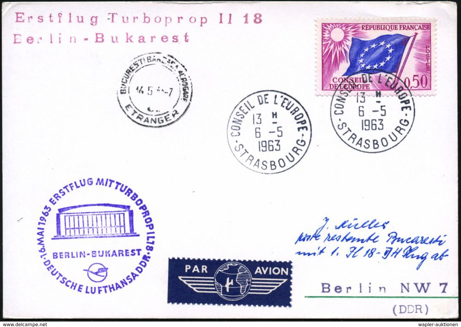 DEUTSCHE LUFTHANSA (DLH): ERSTFLÜGE / SONDERFLÜGE / REGULÄRE FLUGPOST : FRANKREICH 1963 (6.5.) 50 C. EF Europarat + 1K:  - Altri (Aria)