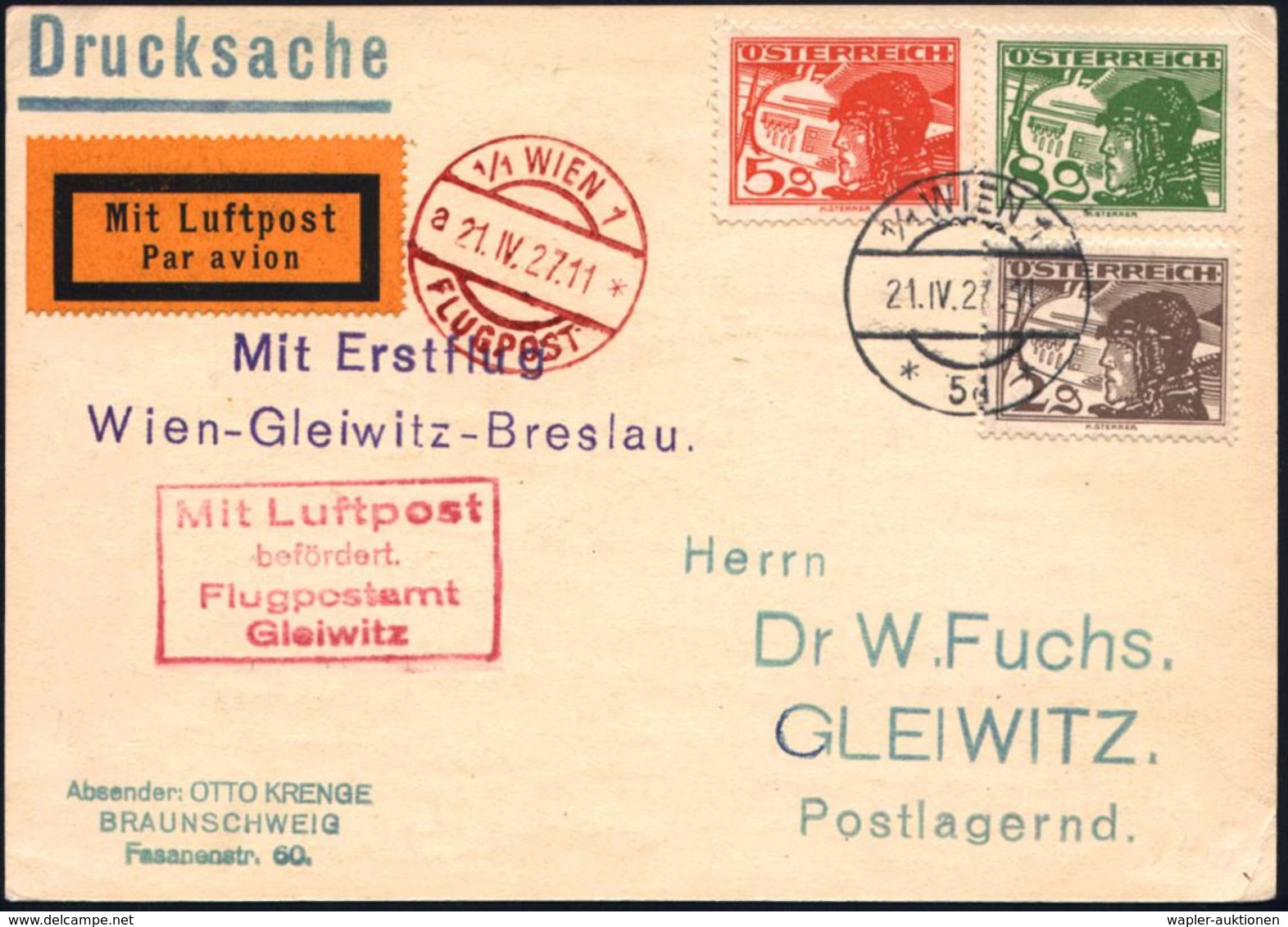 DEUTSCHE LUFTHANSA (DLH): ERSTFLÜGE / SONDERFLÜGE / REGULÄRE FLUGPOST : ÖSTERREICH 1927 (21.4.) Viol. 2L: Mit Erstflug/W - Sonstige (Luft)