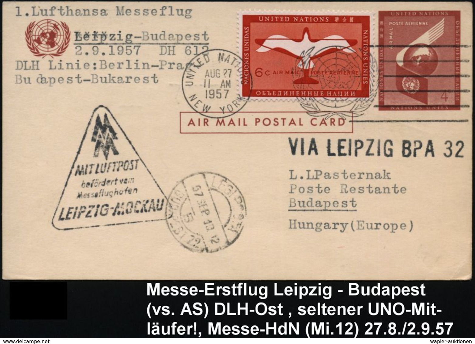 DEUTSCHE LUFTHANSA (DLH): ERSTFLÜGE / SONDERFLÜGE / REGULÄRE FLUGPOST : U.N.O. 1957 (2.9.) 4 C. Flp.-P., Braun + Zusatz  - Autres (Air)