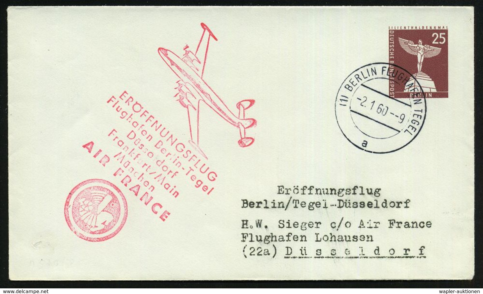 DEUTSCHE ERST- & SONDERFLÜGE (OHNE DLH) : (1) BERLIN FLUGHAFEN TEGEL/ A 1960 (2.1.) 2K-Steg Auf PU 25 Pf. Lilienthal-Den - Autres (Air)