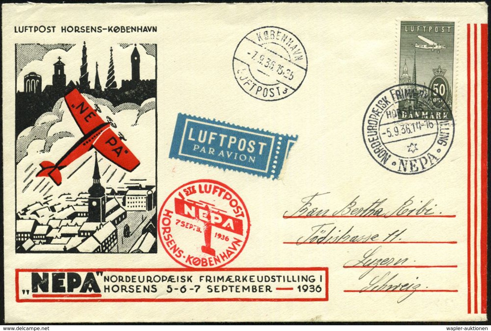 ERSTFLÜGE EUROPA (OHNE DEUTSCHLAND) : DÄNEMARK 1936 (5.9.) SSt.: HORSENS/NORDEUROPA FRIMAERKE UDSTILLING/NEPA Auf Flp.-F - Autres (Air)