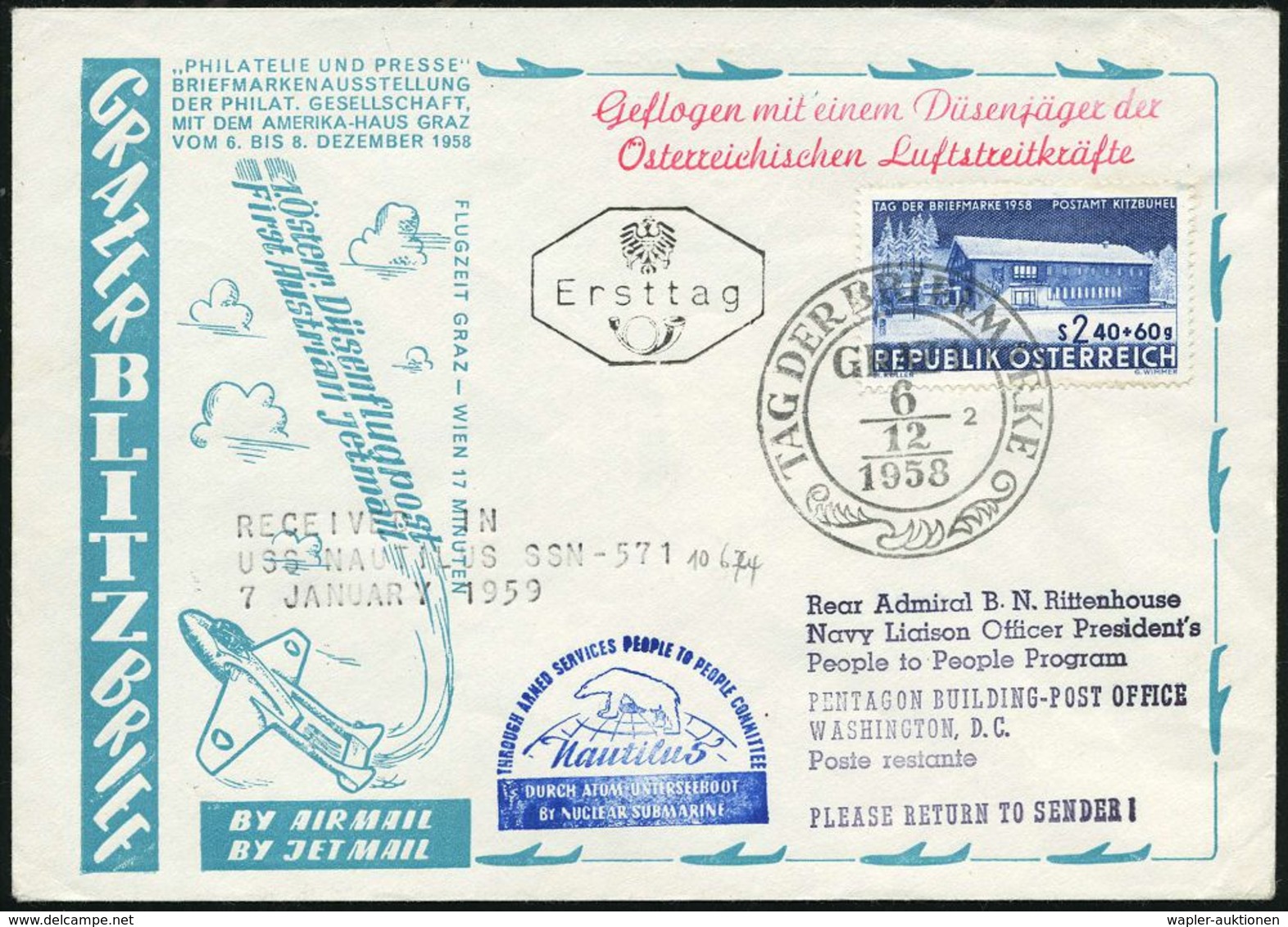 ERSTFLÜGE EUROPA (OHNE DEUTSCHLAND) : ÖSTERREICH 1958 (6.12.) SSt: GRAZ 1/2/TAG DER BRIEFMARKE + Bl. HdN: Nautilus/DURCH - Other (Air)