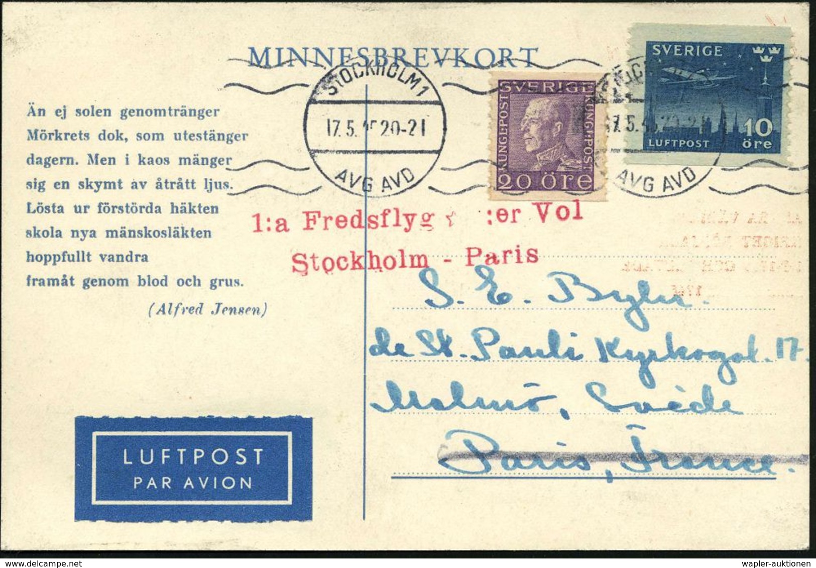 ERSTFLÜGE EUROPA (OHNE DEUTSCHLAND) : SCHWEDEN 1945 (17.5.) Erstflug-Sonder-Kt. "Der Krieg Ist Aus!": 1. Friedensflug St - Autres (Air)