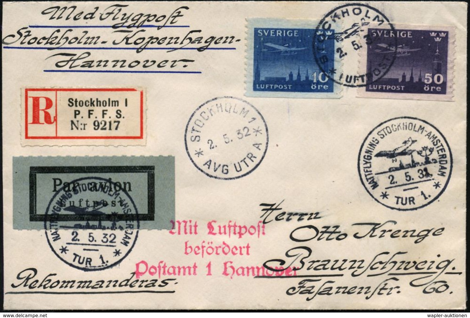 ERSTFLÜGE EUROPA (OHNE DEUTSCHLAND) : SCHWEDEN 1932 (2.5.) Erster Nachtflug: Stockholm - Kopenhagen - Hannover - Amsterd - Other (Air)