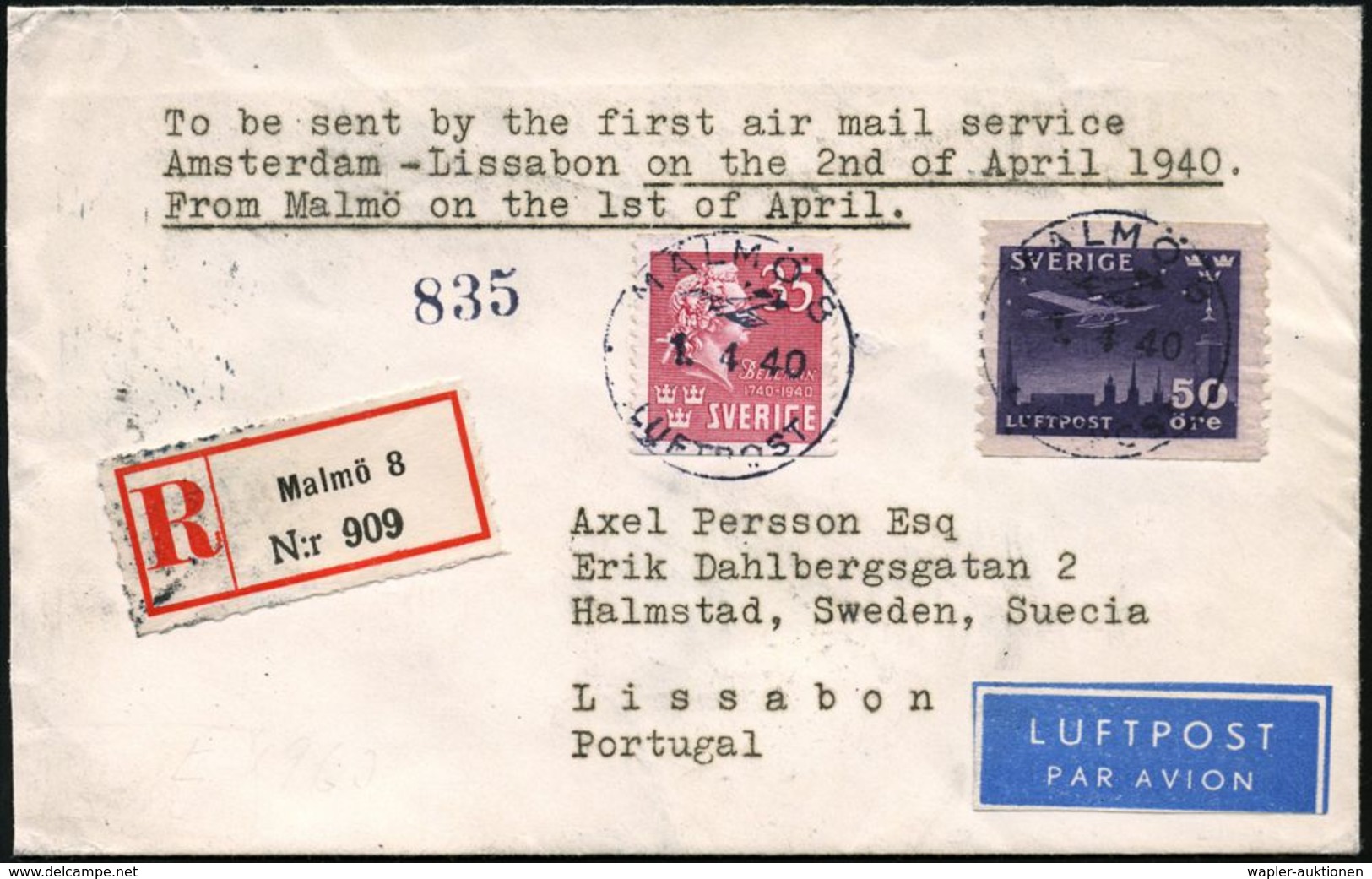 ERSTFLÜGE EUROPA (OHNE DEUTSCHLAND) : SCHWEDEN 1940 (1.4.) 50 Ö. Flp. Etc. Auf Erstflug-Bf.: Malmö - Amsterdam - Lissabo - Sonstige (Luft)