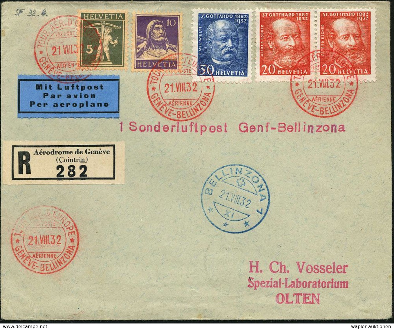 ERSTFLÜGE EUROPA (OHNE DEUTSCHLAND) : SCHWEIZ 1932 (21.8.) Erstflug: Genf - Bellinzona (bl. AS) Pilot: Werner Borner Auf - Sonstige (Luft)