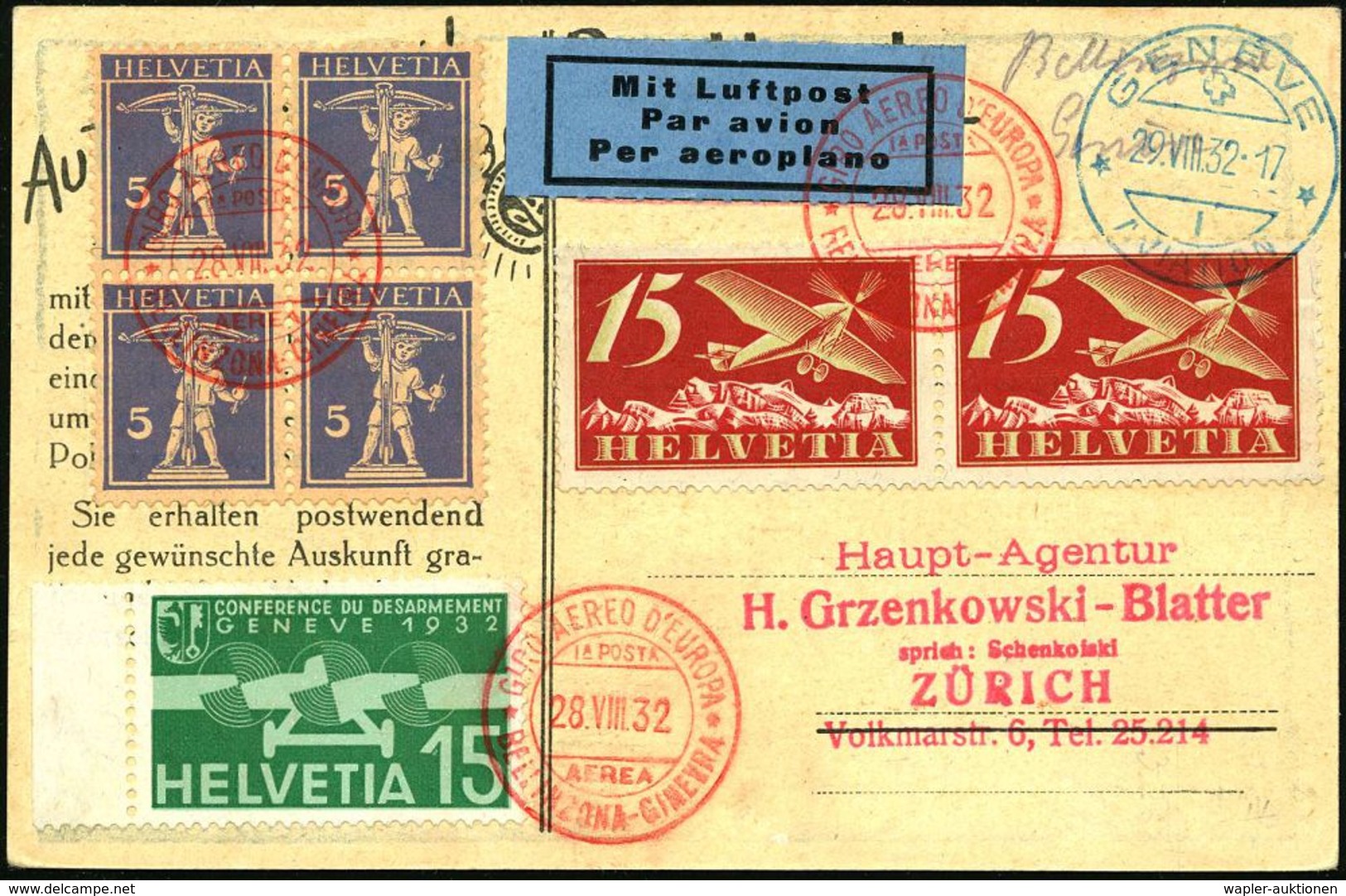 ERSTFLÜGE EUROPA (OHNE DEUTSCHLAND) : SCHWEIZ 1932 (26.8.) Europa Rundflug,3x Roter SSt.: GIRO AEREO D'EUROPA/1A POSTA/A - Autres (Air)