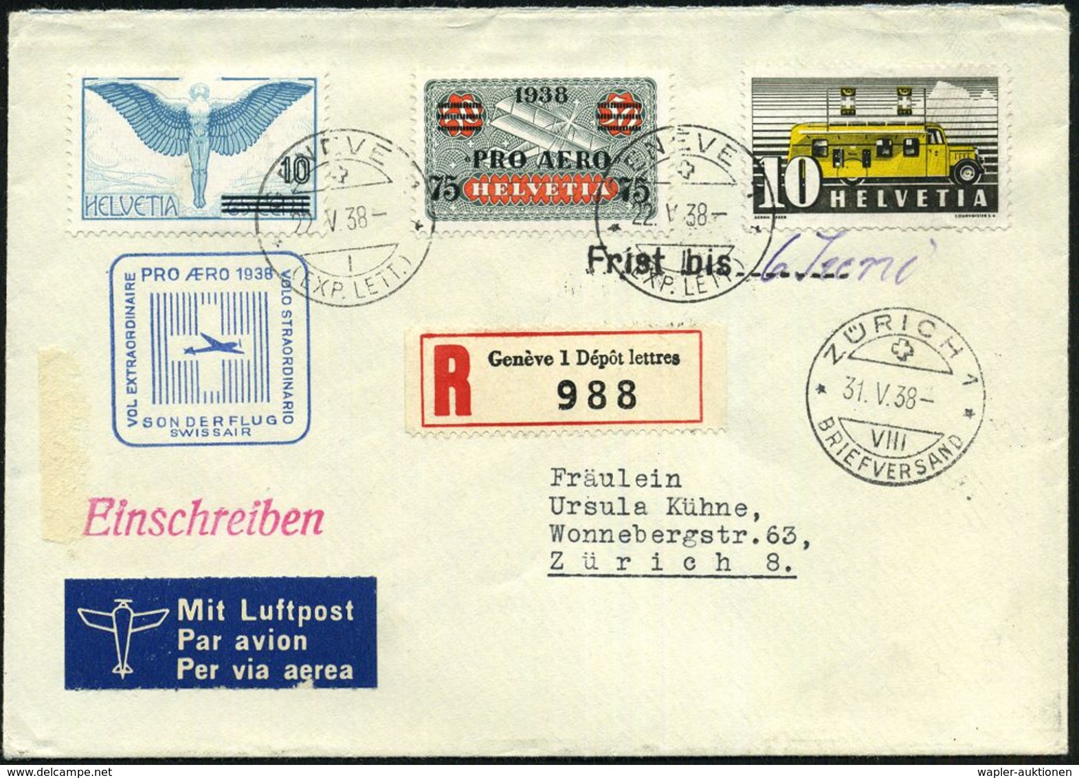 ERSTFLÜGE EUROPA (OHNE DEUTSCHLAND) : SCHWEIZ 1938 (22.5.) Sonderflug Pro Aero: Genf - Zürich (vs.AS) Flp. 75 C. Pro Aer - Autres (Air)