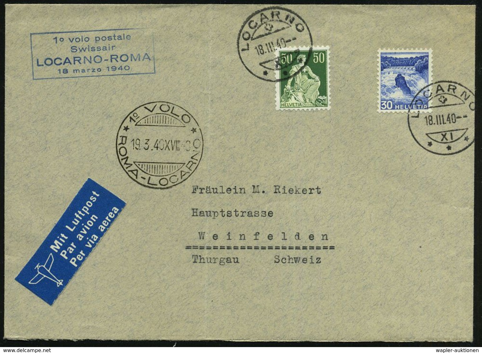 ERSTFLÜGE EUROPA (OHNE DEUTSCHLAND) : SCHWEIZ 1940 (18.3.) Erstflug-Bf.: Locarno - Roma - Locarno, SSt: 1° VOLO/ROMA - L - Autres (Air)