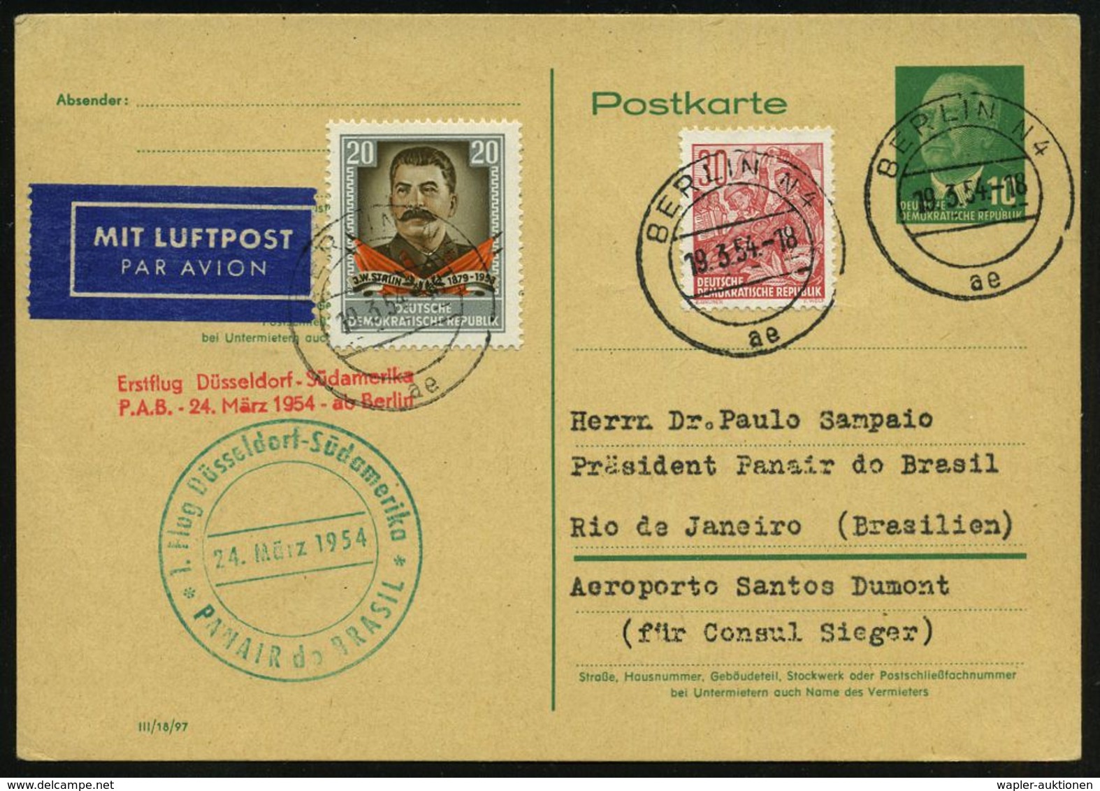 TRANSATLANTIK-ERSTFLÜGE (OHNE KATAPULTPOST) : BERLIN N4/ Ae 1954 (19.3.) 2K-Steg Auf Inl.-P 10 Pf. Pieck + 20 Pf. Stalin - Autres (Air)