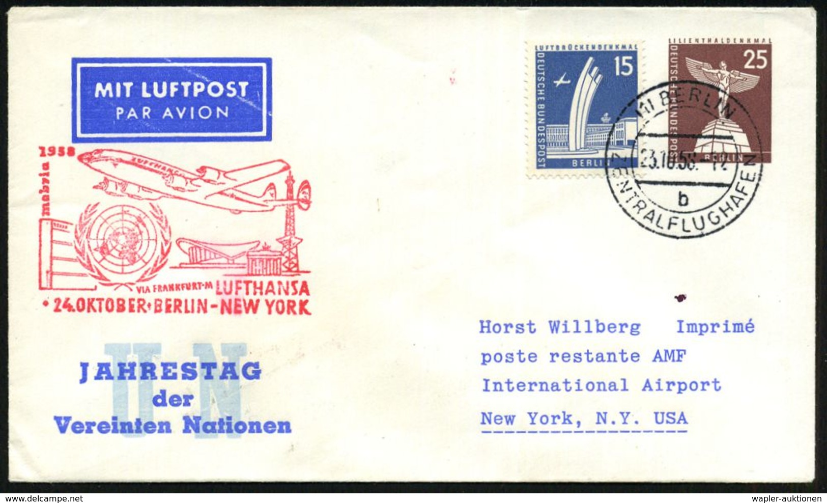 TRANSATLANTIK-ERSTFLÜGE (OHNE KATAPULTPOST) : (1) BERLIN-/ B/ ZENTRALFLUGHAFEN 1958 (23.10.) 2K-Steg Auf PU 25 Pf. Lilie - Autres (Air)