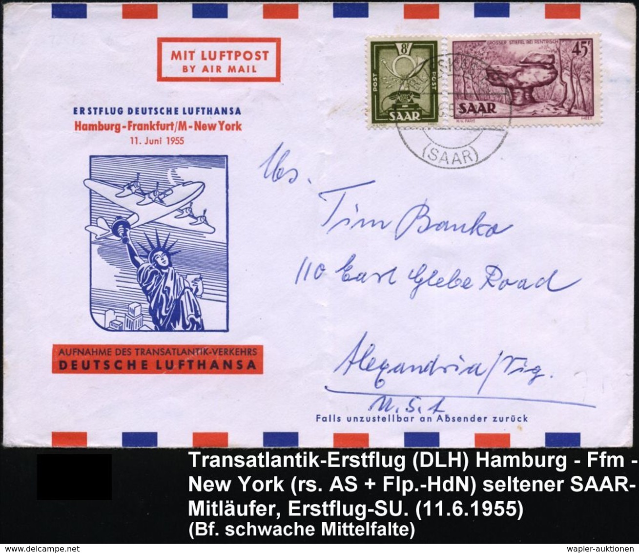 TRANSATLANTIK-ERSTFLÜGE (OHNE KATAPULTPOST) : SAARLAND 1955 (4.6./11.6.) Erstflug DLH: Hamburg - Ffm. - New York (rs. AS - Other (Air)