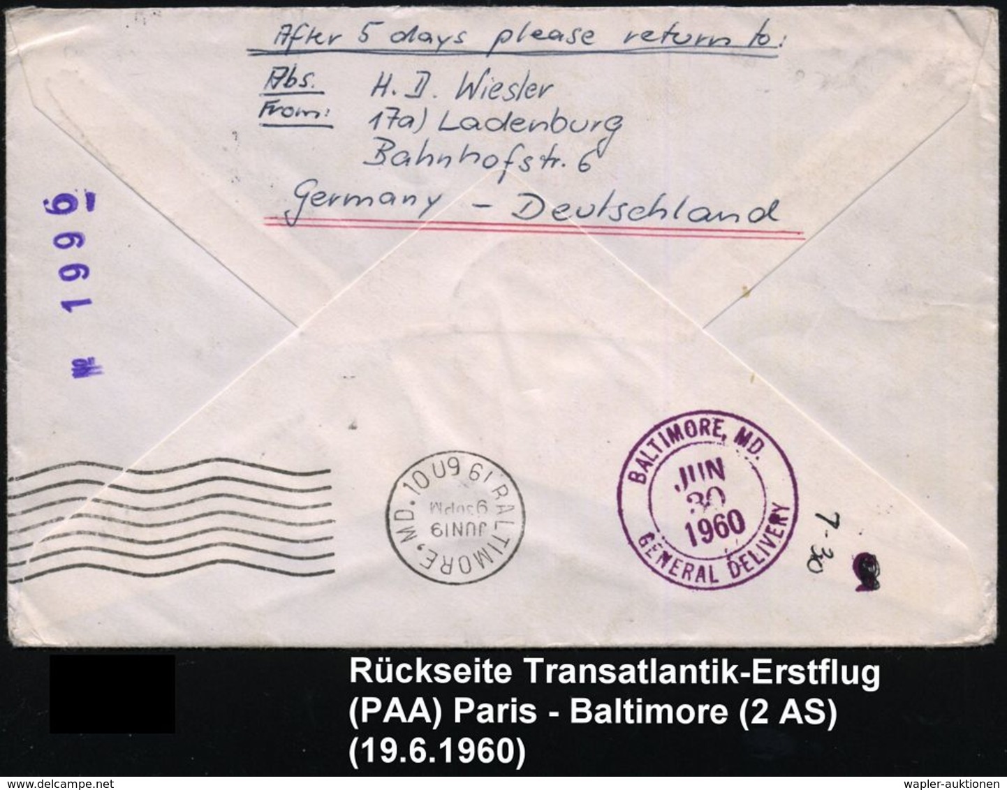 TRANSATLANTIK-ERSTFLÜGE (OHNE KATAPULTPOST) : FRANKREICH 1960 (19.6.) Transatlantik-Erstflug (PANAM): Paris - Baltimore  - Altri (Aria)