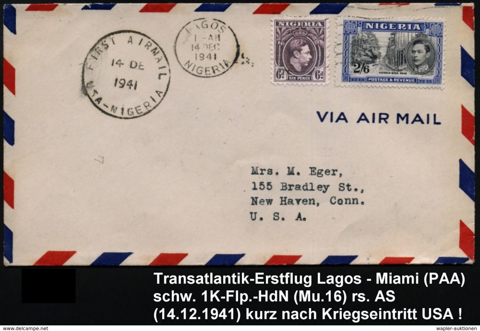 TRANSATLANTIK-ERSTFLÜGE (OHNE KATAPULTPOST) : NIGERIA 1941 (14.2.) Transatlantik-Erstflug-Bf. (PAA): Lagos - Miami (AS)  - Autres (Air)