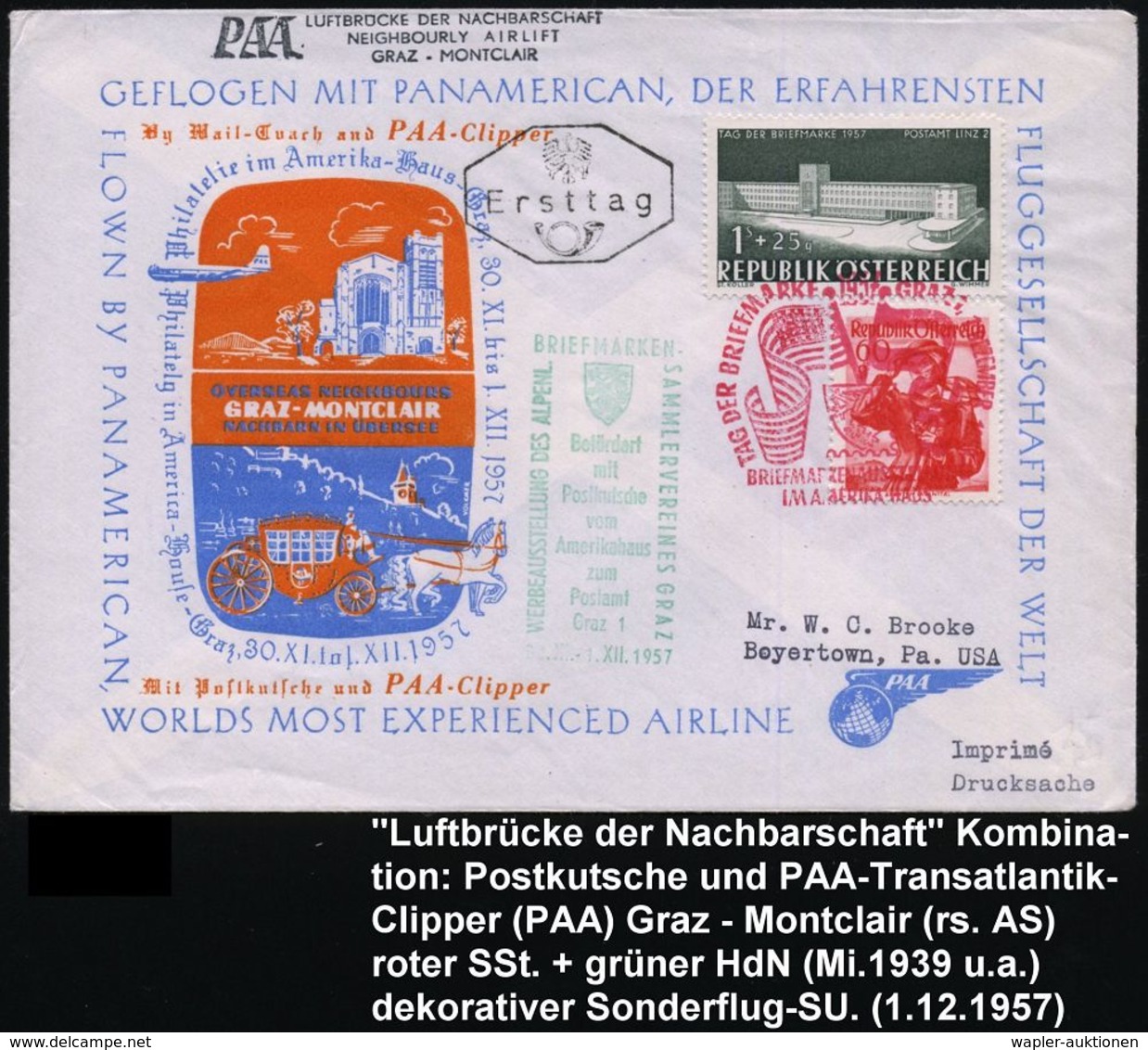 TRANSATLANTIK-ERSTFLÜGE (OHNE KATAPULTPOST) : ÖSTERREICH 1957 (1.12.) Roter SSt: GRAZ/TAG DER BRIEFMARKE/BRIEFM.AUSSTELL - Other (Air)