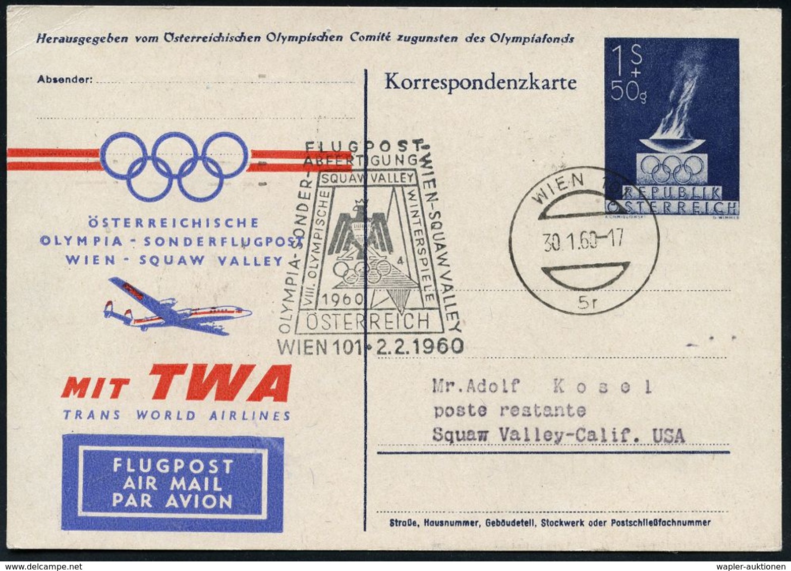 TRANSATLANTIK-ERSTFLÜGE (OHNE KATAPULTPOST) : ÖSTERREICH 1960 (2.2.) PP 1 S. + 50 Gr. Winter-Olympiade: OLYMPIA-SONDERFL - Other (Air)