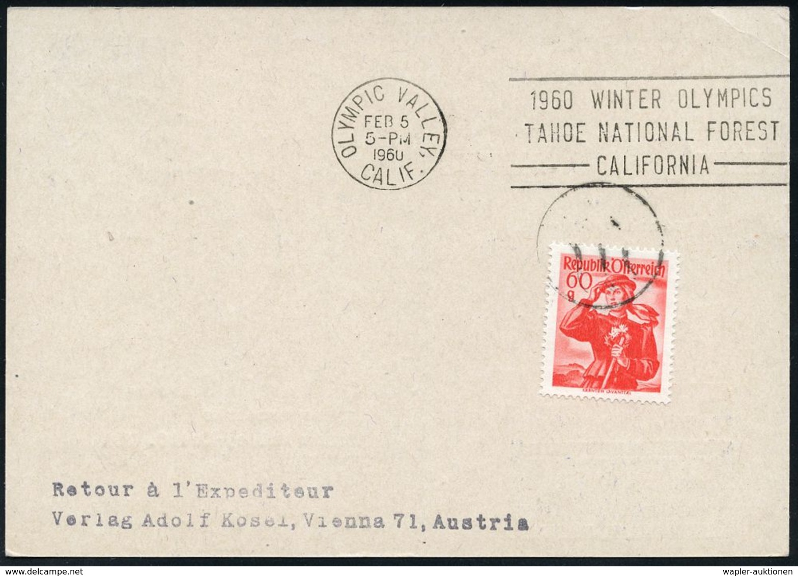 TRANSATLANTIK-ERSTFLÜGE (OHNE KATAPULTPOST) : ÖSTERREICH 1960 (2.2.) PP 1 S. + 50 Gr. Winter-Olympiade: OLYMPIA-SONDERFL - Other (Air)