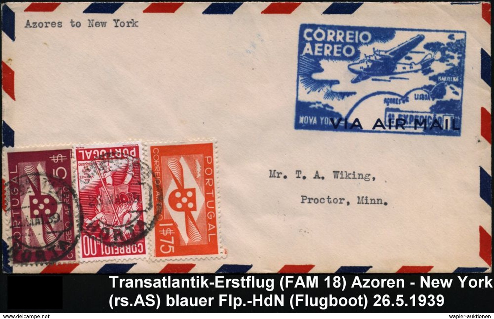 TRANSATLANTIK-ERSTFLÜGE (OHNE KATAPULTPOST) : PORTUGAL 1939 (26.5.) Transatlantik-Erstflug-Bf. (PAA): Lisboa - New York  - Other (Air)