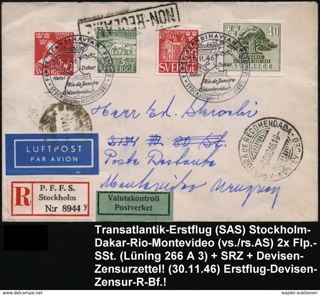 TRANSATLANTIK-ERSTFLÜGE (OHNE KATAPULTPOST) : SCHWEDEN 1946 (30.11.) Transatlantik-Erstflug-Bf. (SAS): Stockholm - Dakar - Altri (Aria)