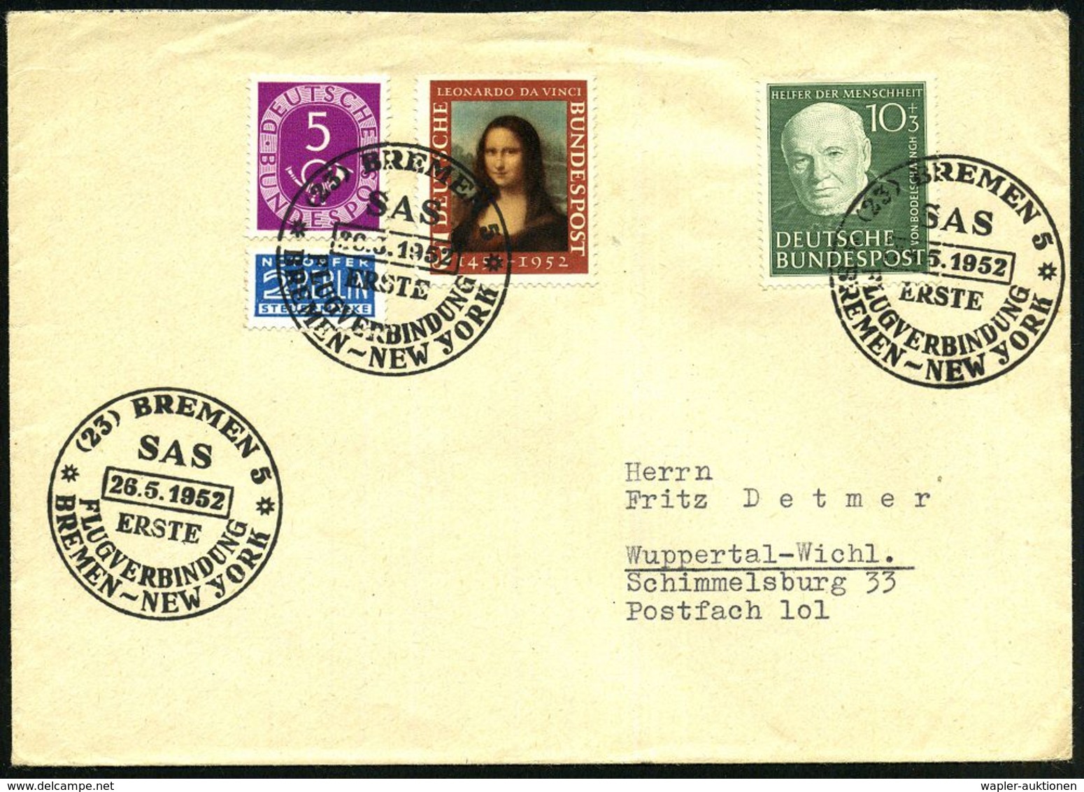 REGULÄRE TRANSATLANTIK-LUFTPOST (OHNE KATAPULTPOST) : (23) BREMEN 5/ SAS/ ERSTE/ FLUGVERBINDUNG/ BREMEN-NEW YORK 1952 (2 - Altri (Aria)