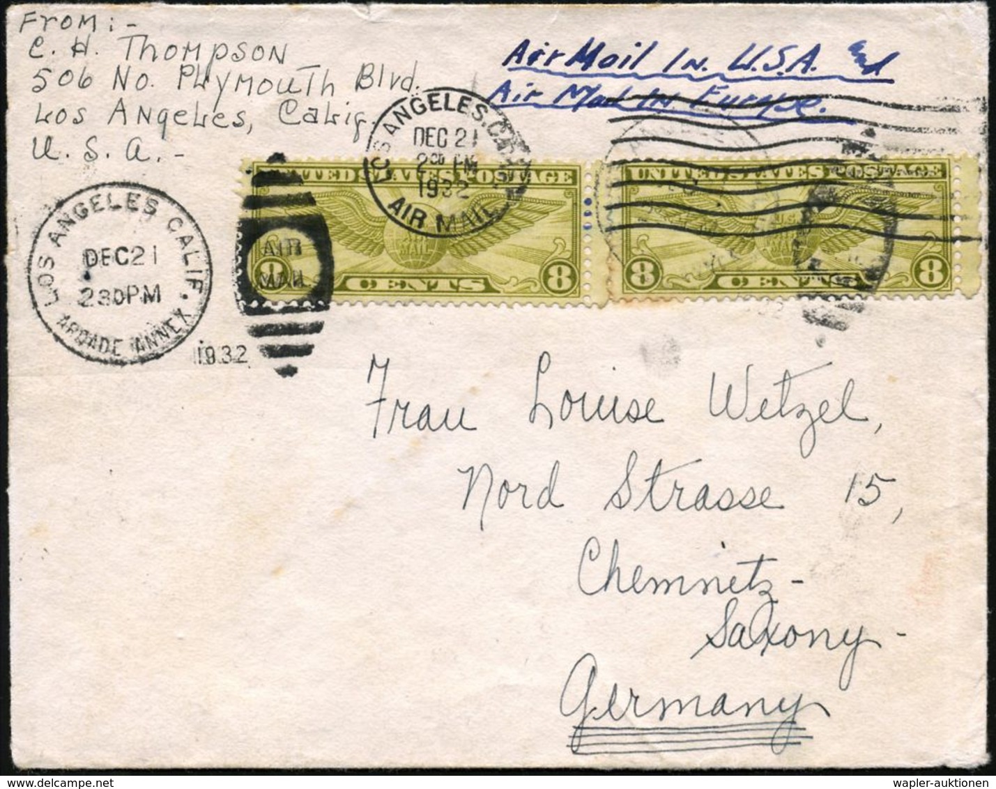 REGULÄRE TRANSATLANTIK-LUFTPOST (OHNE KATAPULTPOST) : U.S.A. 1932 (21.12.) 8 C. Flp. Oliv, Reine MeF: 2 Stück , Gest. LO - Autres (Air)