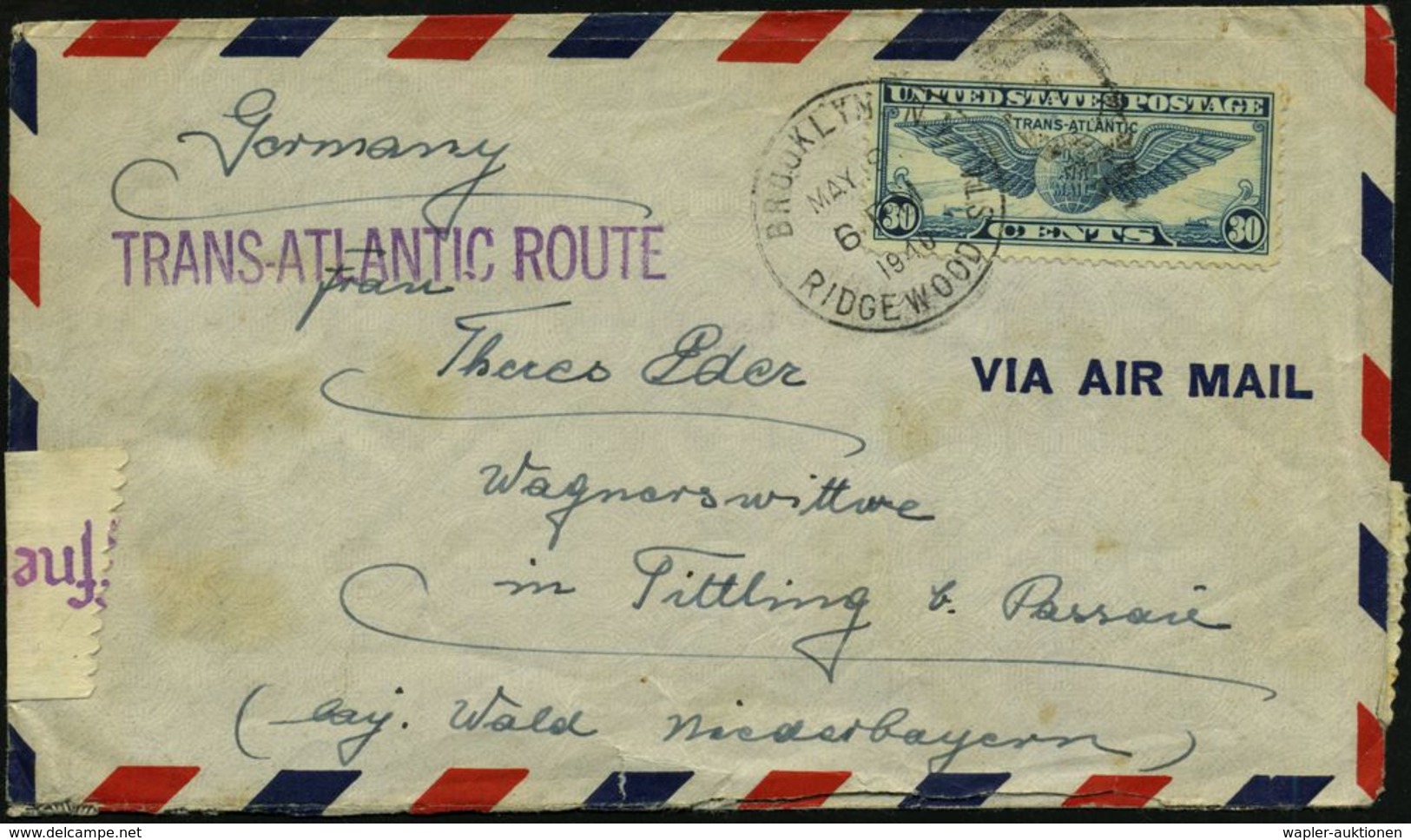 REGULÄRE TRANSATLANTIK-LUFTPOST (OHNE KATAPULTPOST) : U.S.A. 1940 (9.5.) Flp. 30 C. "Transatlantik", EF (1K: BROOKLYN) + - Autres (Air)