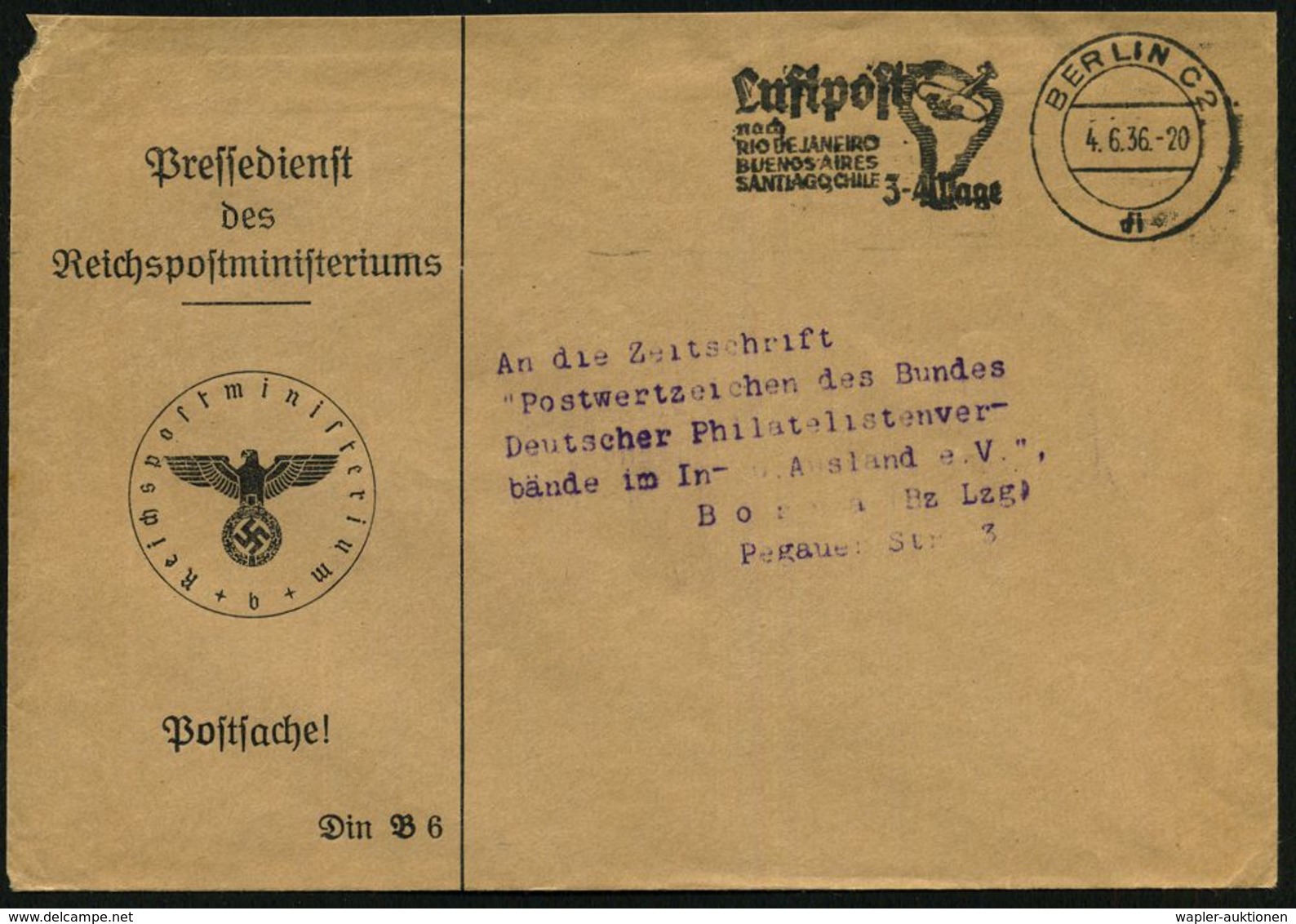 FLUG- & KATAPULTPOST SÜDAMERIKA : BERLIN C2/ Di/ Luftpost/ Nach/ RIO DE JANEIRO../ 3-4 Tage 1936 (4.6.) MWSt Auf Dienst- - Sonstige (Luft)