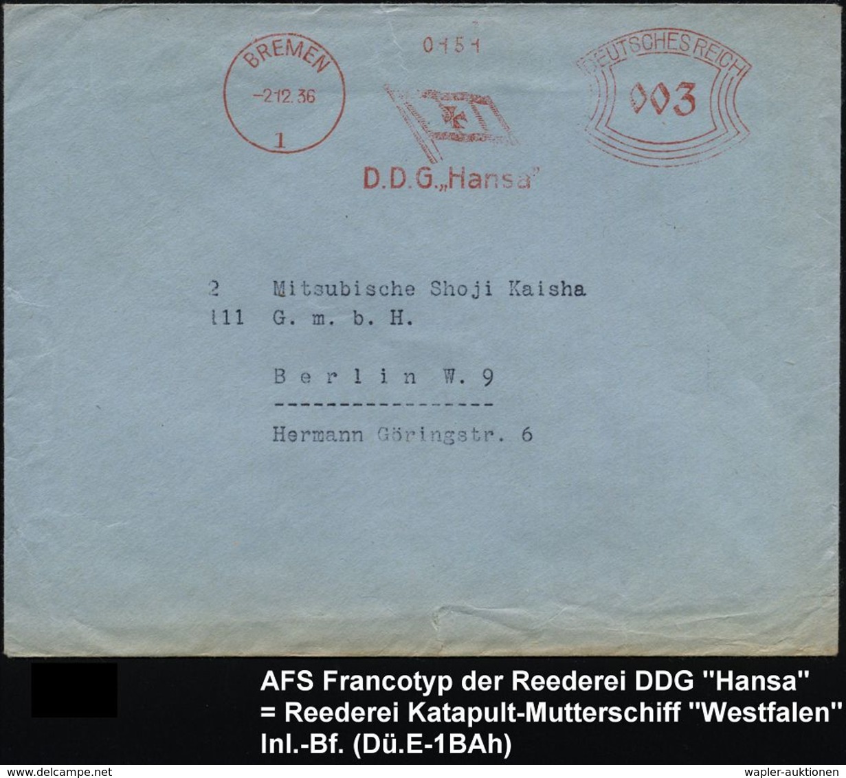 FLUG- & KATAPULTPOST SÜDAMERIKA : BREMEN/ 1/ D.D.G. "Hansa" 1936 AFS = Reedereiflagge = Reederei Des Katapultdampfers "W - Altri (Aria)