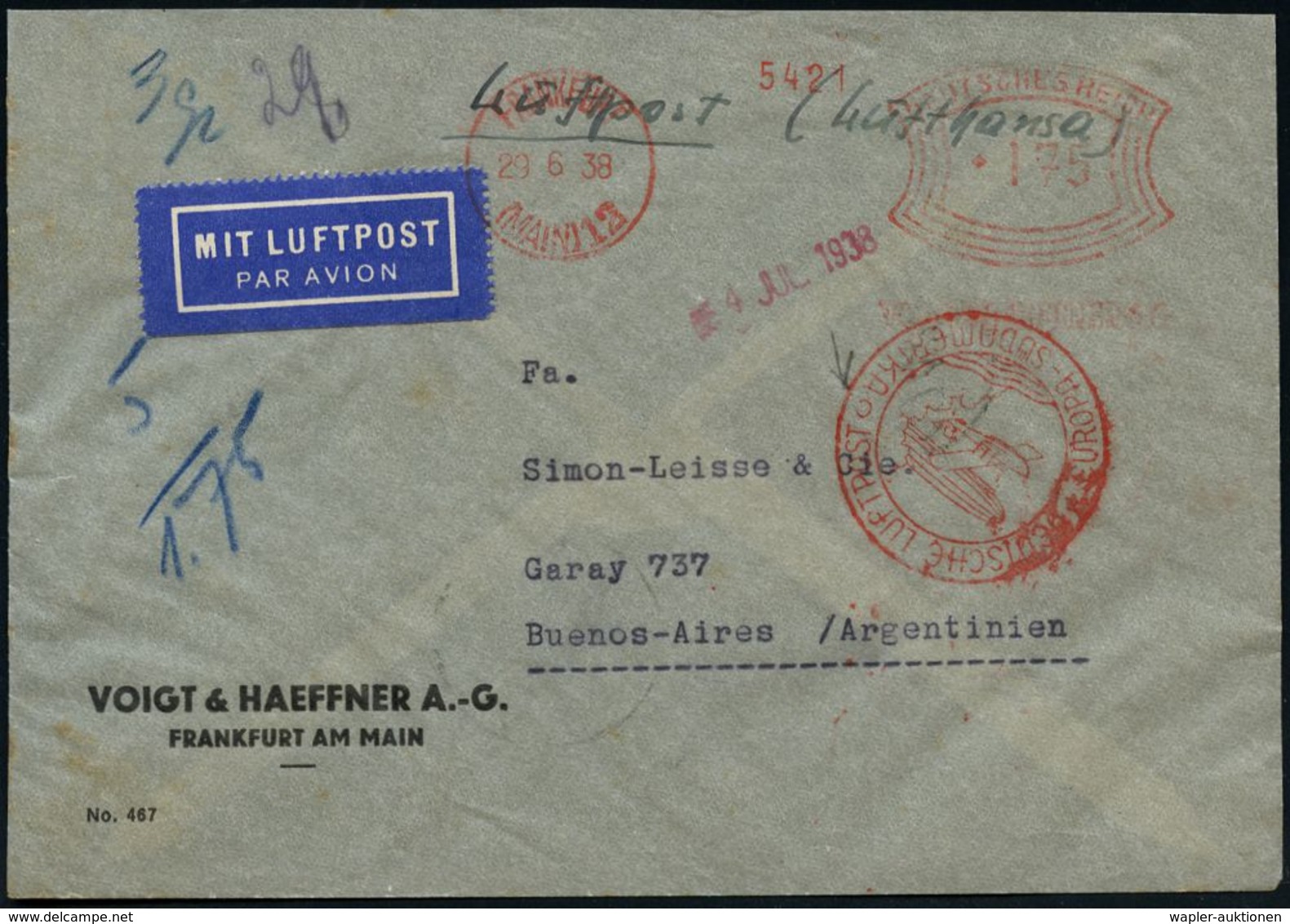 FLUG- & KATAPULTPOST SÜDAMERIKA : FRANFURT/ (MAIN)12/ VOIGT & HAEFFNER 1938 (29.6.) AFS 175 Pf. + Roter Katapultpost-HdN - Sonstige (Luft)