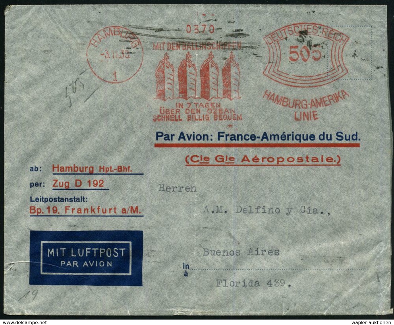 FLUG- & KATAPULTPOST SÜDAMERIKA : HAMBURG/ 1/ IN 7 TAGEN/ ÜBER DEN OZEAN::/ HAMBURG-AMERIKA/ LINIE 1933 (3.11.) AFS 505  - Autres (Air)