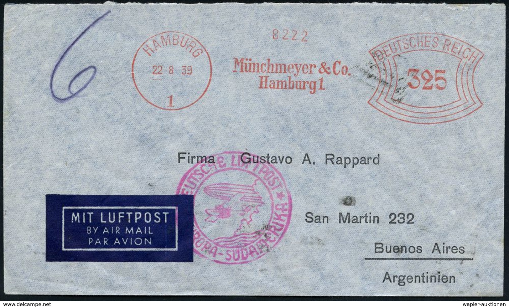 FLUG- & KATAPULTPOST SÜDAMERIKA : HAMBURG/ 1/ Münchmeyer & Co.. 1938 (22.8.) AFS 325 Pf. + Rotviol. Katapult-HdN: DEUTSC - Other (Air)