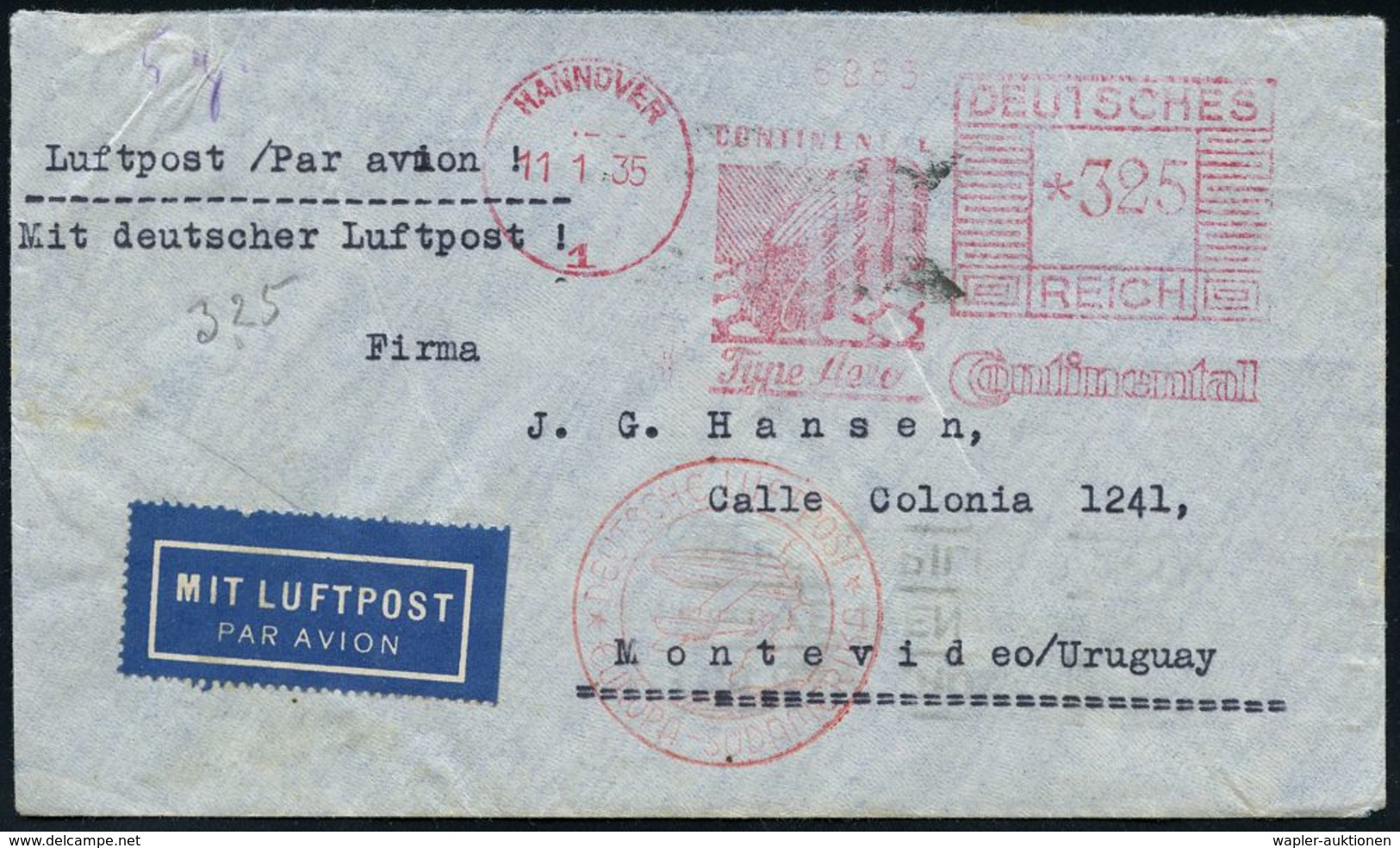FLUG- & KATAPULTPOST SÜDAMERIKA : HANNOVER/ 1/ Continental/ Type Aero.. 1935 (11.1.) AFS *325 Pf. + Roter Katapultpost-H - Sonstige (Luft)