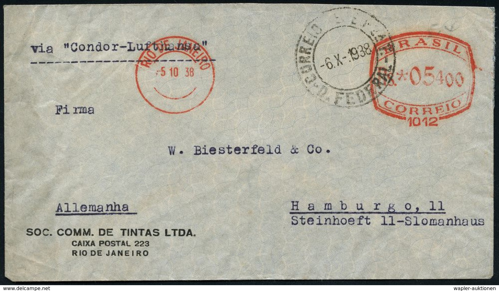 FLUG- & KATAPULTPOST SÜDAMERIKA : BRASILIEN 1938 (5.10.) AFS.: RIO DE JANEIRO/1012 (ohne Werbung) + 2K: CORREIO AEREO/D. - Other (Air)