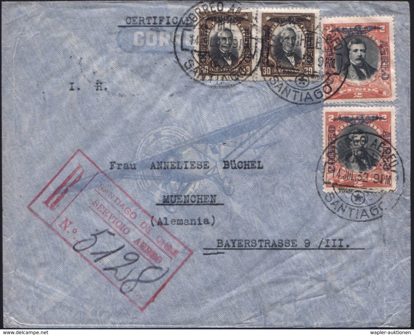 FLUG- & KATAPULTPOST SÜDAMERIKA : CHILE 1932 (14.7.) Flp.-Provisorien Je 2x 30 C. U. 2 P. = Portorichtig 4,60 Pesos, 1K: - Autres (Air)