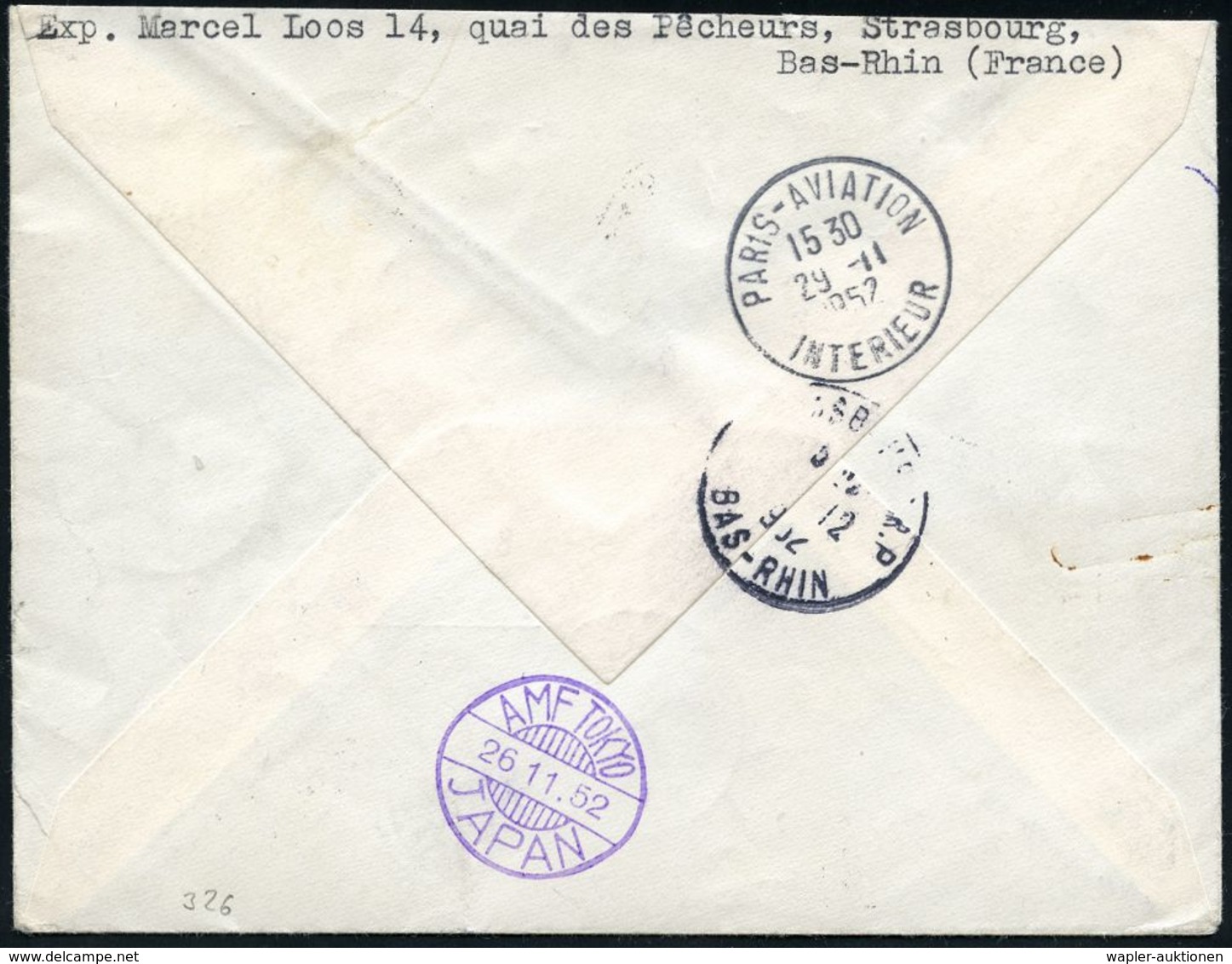 ERSTFLÜGE & FLUGPOST ASIEN & TRANSPAZIFIK : FRANKREICH 1952 (24.11.) Erstflug (Air France): Paris - Tokyo (rs. AS) + Flp - Autres (Air)