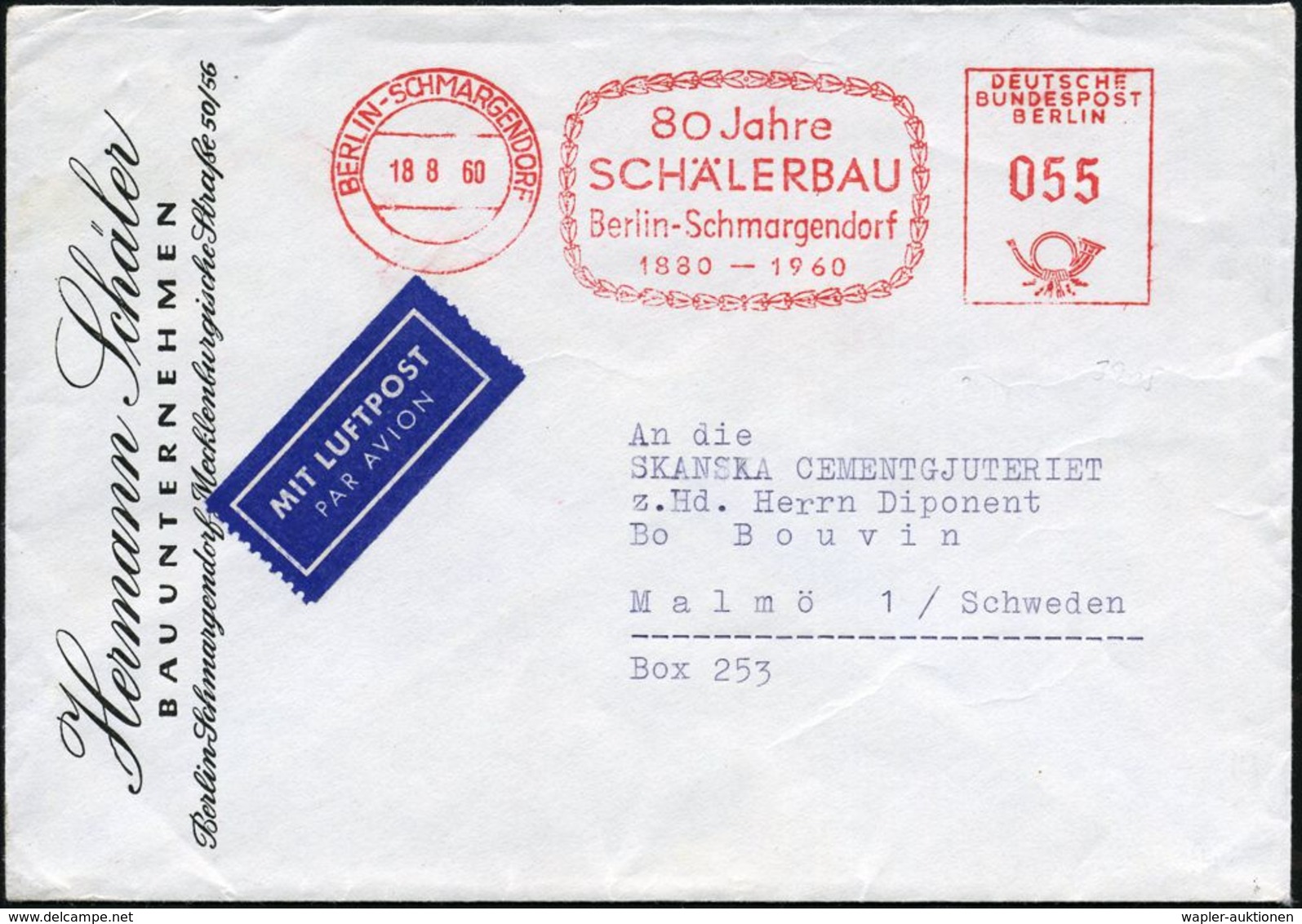 FLUGBEDARFSPOST / REGULÄRE LUFTPOST / FRANKATUREN / PORTOSTUFEN : BERLIN-SCHMARGENDORF/ 80 Jahre/ SCHÄLERBAU.. 1960 (18. - Autres (Air)