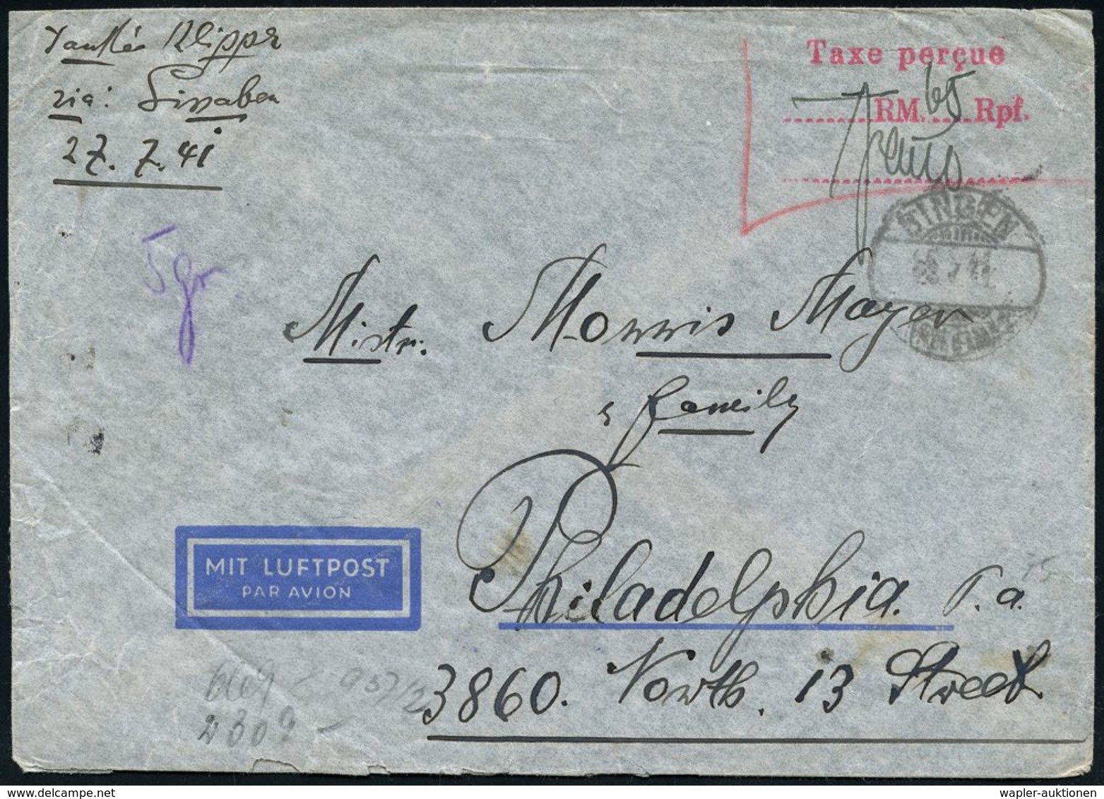 FLUGBEDARFSPOST / REGULÄRE LUFTPOST / FRANKATUREN / PORTOSTUFEN : BINGEN/ (RHEIN) 1941 (28.7.) 1K-Gitter + Roter 3L: Tax - Altri (Aria)