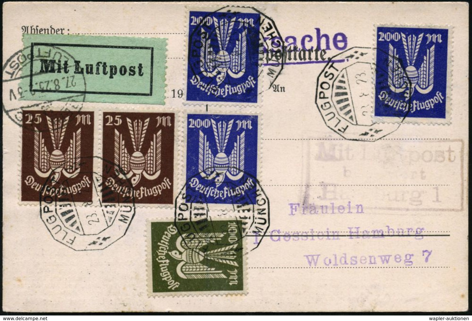 FLUGBEDARFSPOST / REGULÄRE LUFTPOST / FRANKATUREN / PORTOSTUFEN : MÜNCHEN/ FLUGPOST 1923 (23.8.) Altbayer. Zierstempel ( - Autres (Air)