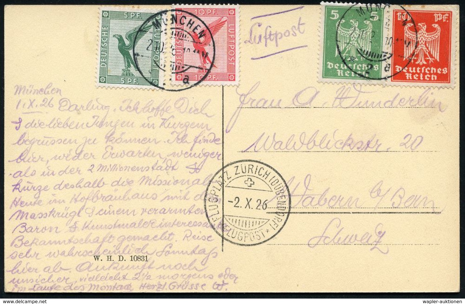 FLUGBEDARFSPOST / REGULÄRE LUFTPOST / FRANKATUREN / PORTOSTUFEN : MÜNCHEN/ *2a 1926 (2.10.) 1K-Gitter Auf Flp. Adler 5 P - Other (Air)